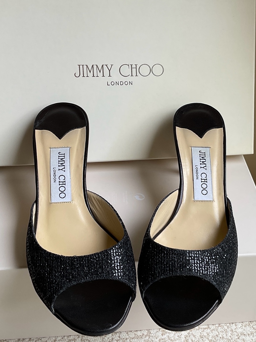 REDUCED! Jimmy Choo Black Glitter Kitten Heels, Size 36.5